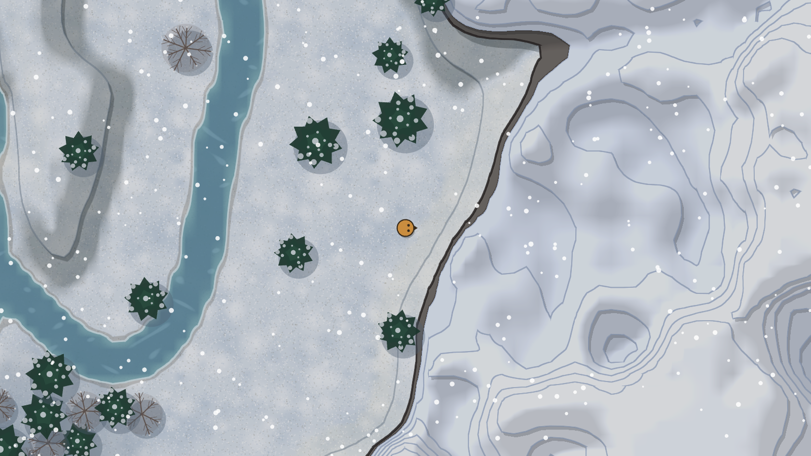 Snow falling on a white winter forest